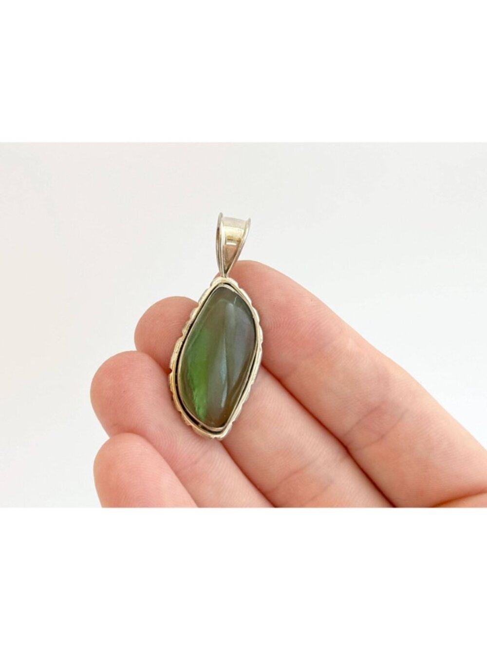 Natural Green Nephrite Gemstone Jumbo Sterling Silver Vintage 925 Pendant - Picture 8 of 11